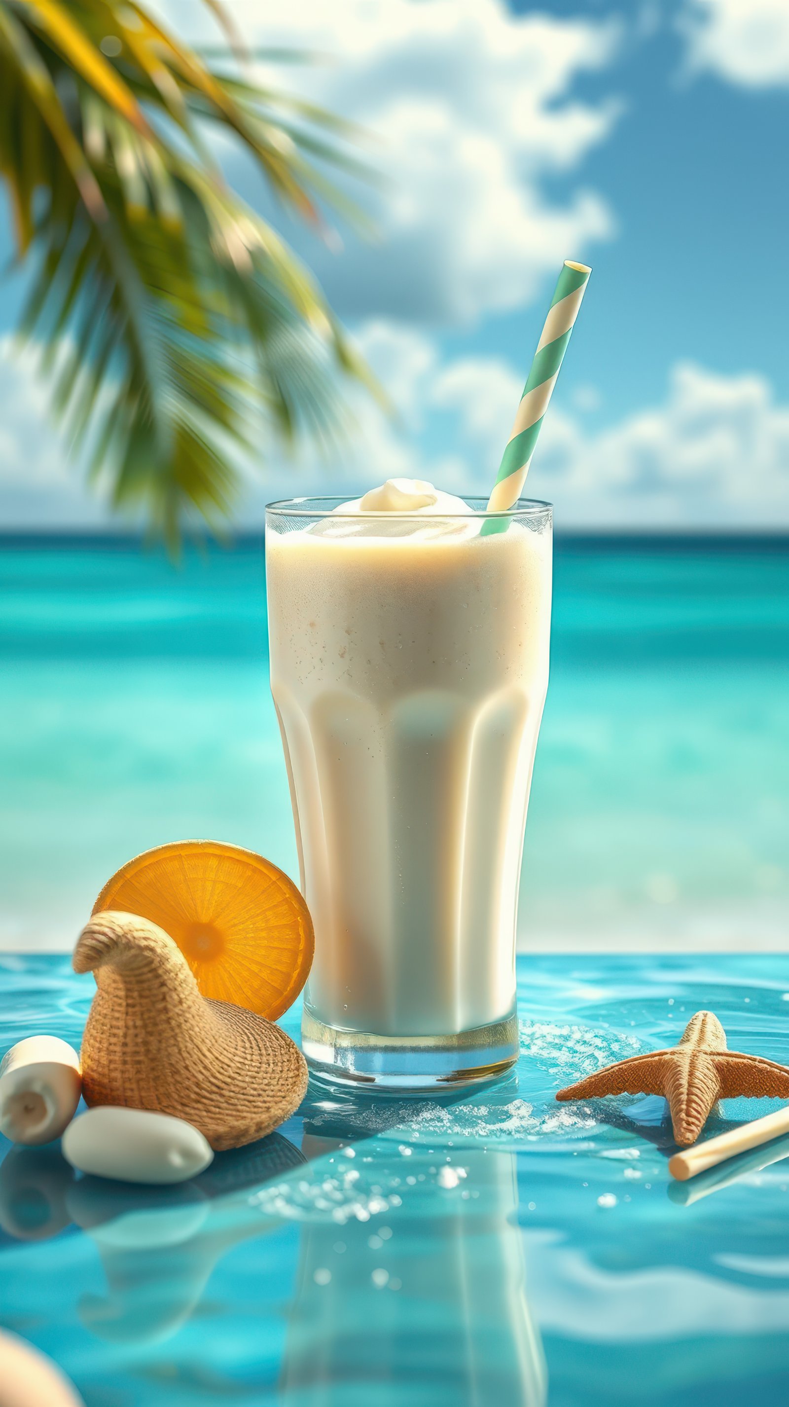 Refreshing tropical drink with fruit and beach background at a sunny seaside location